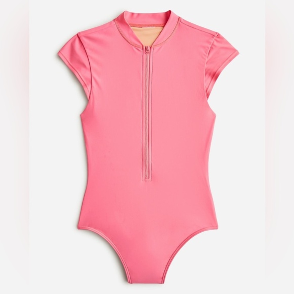 J. Crew Active short-sleeve zip-up one-piece pink preppy bathing suit size 8